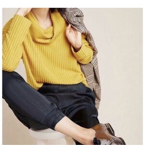 Ribbed mustard cowl neck top by Anthropologie